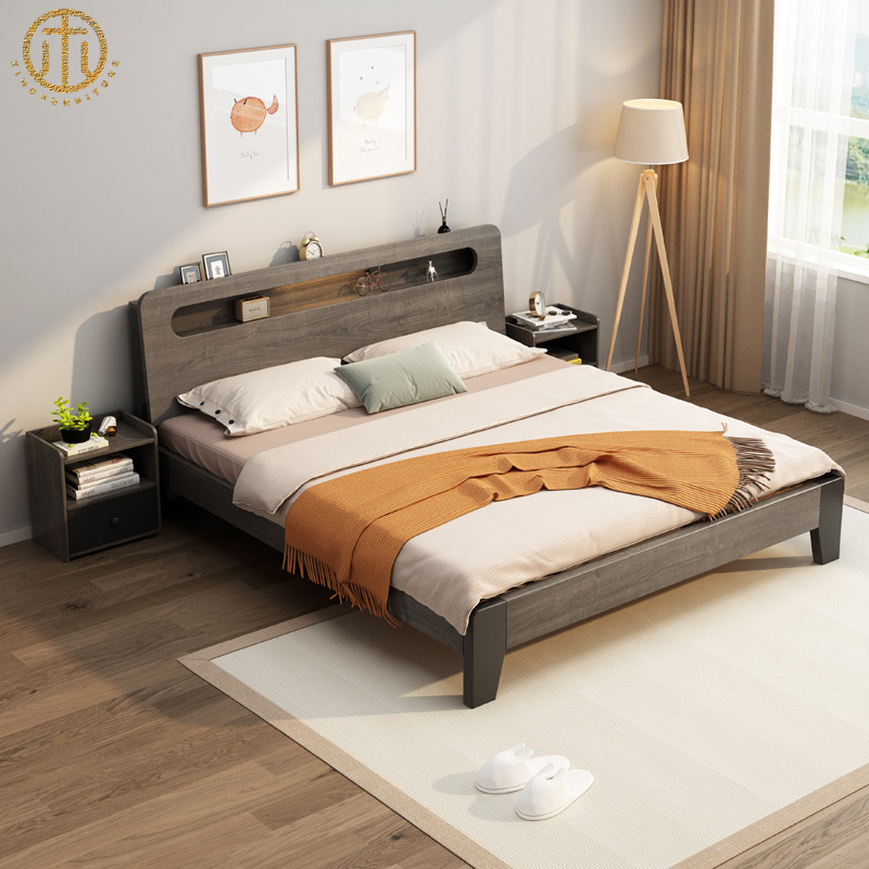 Nordic Light Luxury Solid Wood 1.8m Walnut Master Bedroom Double Bed