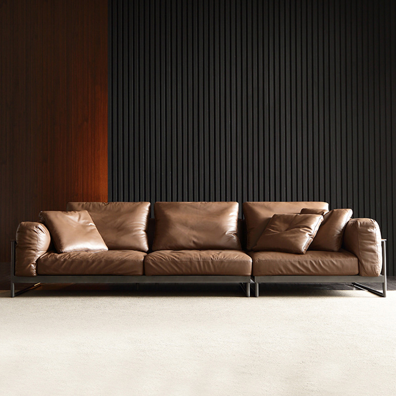 Italian Leather Brown Rectangular Sofa Home