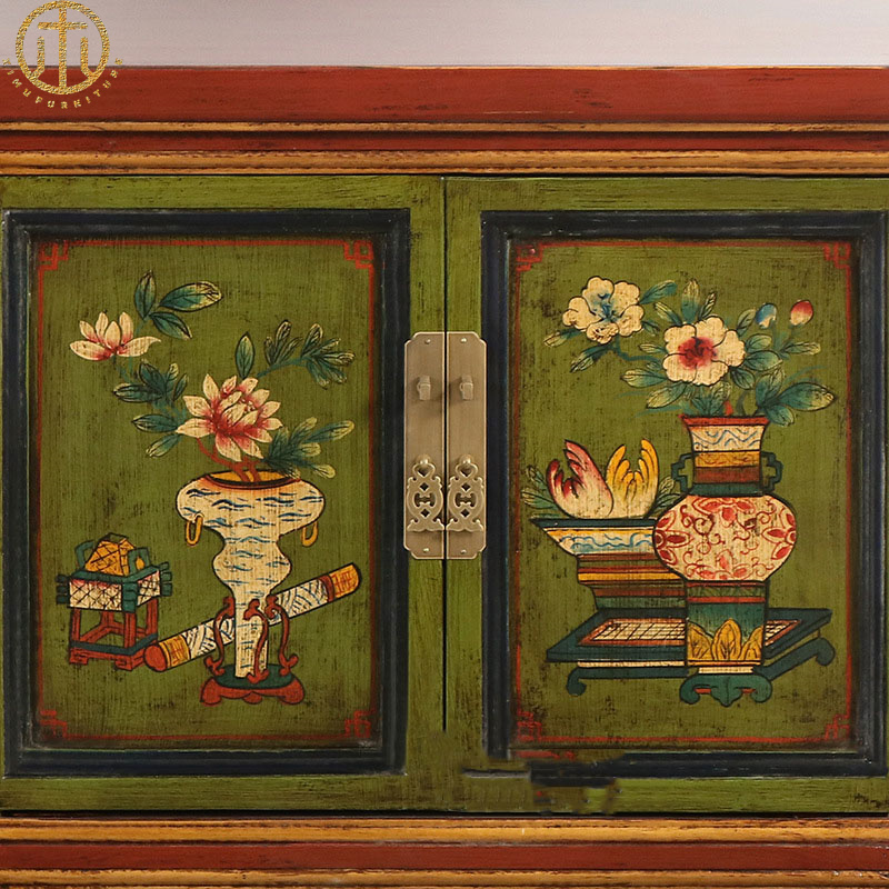 New Chinese Style Classical Retro Painted Painted Flowers TV Cabinet