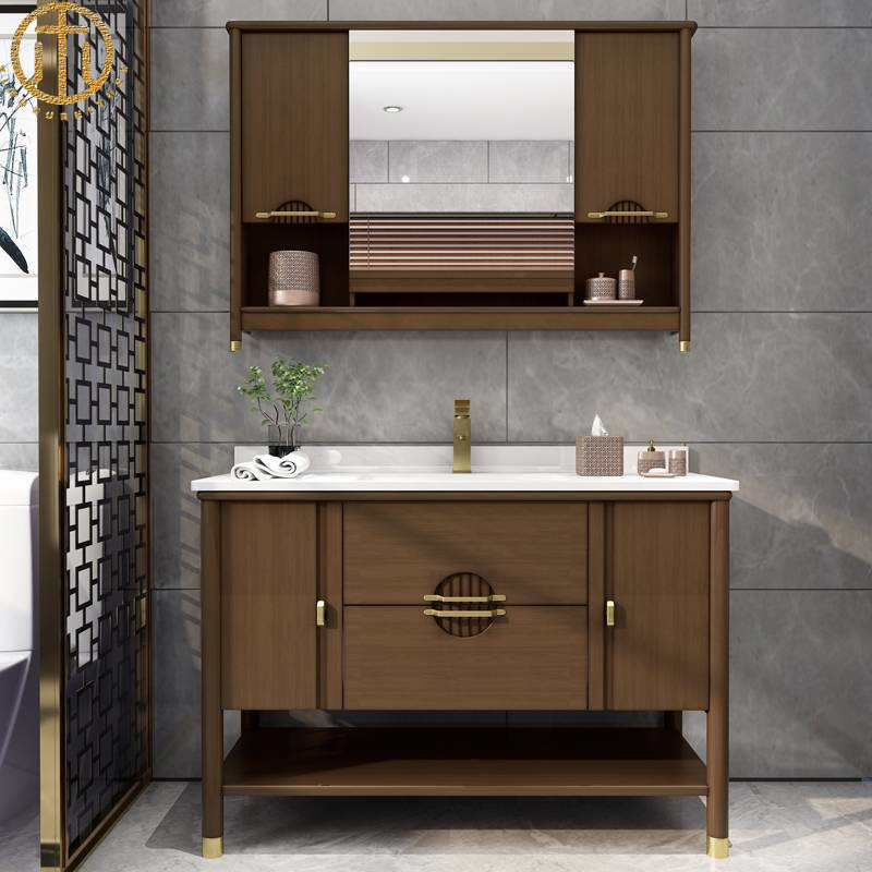 New Chinese Style Custom Rubber Wood Bathroom Cabinet